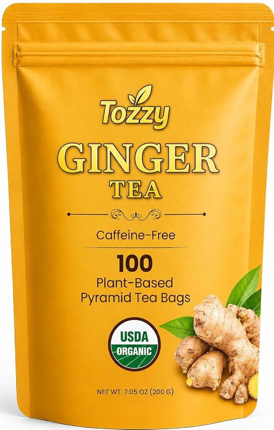 Tozzy Organic Ginger Tea – 100 Count, Plant-Based Pyramid Tea Bags – Packaging May Vary