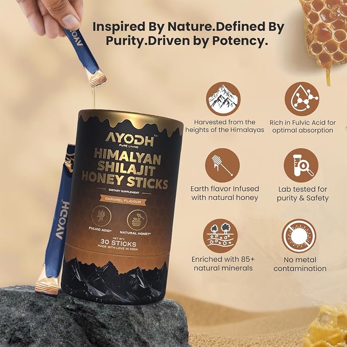 Pure Himalayan Shilajit Honey Sticks with Natural Honey & Caramel 30 Sticks | 75%+ Fulvic Acid, 85+ Trace Minerals | Support Energy & Immunity | Easy Single-Use Packets for Men & Women
