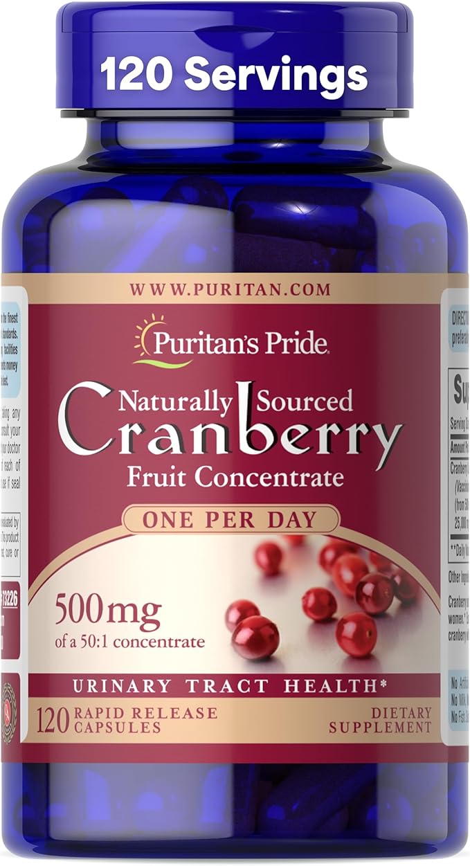 Puritan's Pride Naturally Sourced Cranberry One Per Day Fruit Concentrate 500mg, 50:1 Dietary Supplement for Urinary Tract Support, 4 Month Supply, 120 Rapid Release Capsules