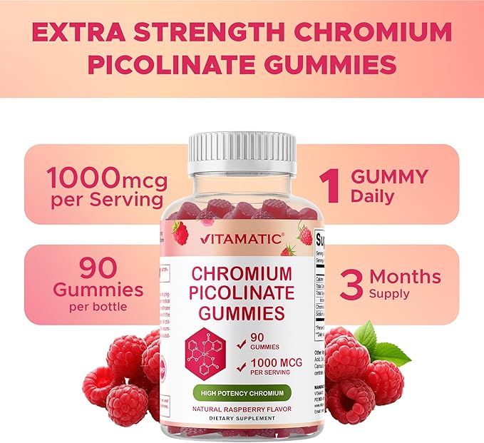 Vitamatic Chromium Picolinate 1000 mcg - 90 Gummies - High Potency Chromium - Raspberry Flavor