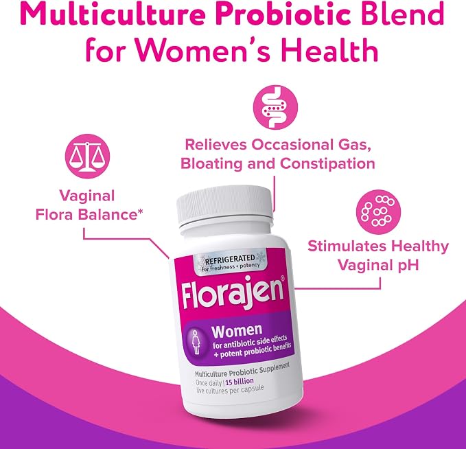 Florajen Women's Vaginal Probiotics, Provides Gut Health & Constipation Relief For Adults And Bloating Relief For Women, 30 Capsules (Refrigerated)