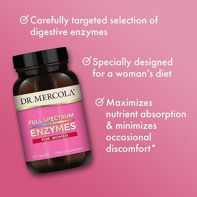 Dr. Mercola Full Spectrum Enzymes for Women - 22 Diverse Enzymes - Supports Digestive & Gut Health - Non-GMO, Gluten-Free & Soy-Free - 90 Capsules (90 Servings)