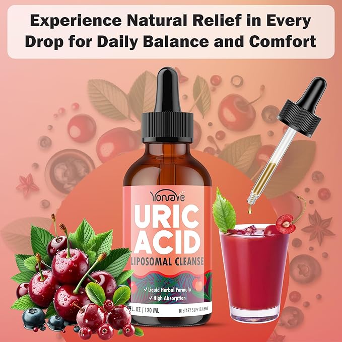 Liposomal Uric Acid Drops, Tart Cherry Supplement with Celery Seed & Boswellia Extract – Muscle, Detox, Joint and Kidney, Uric Acid Cleanse Liquid Supplement– 4 FL OZ (1 Bottle)