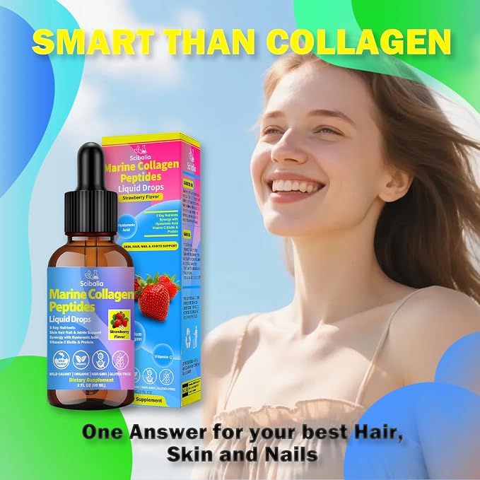 Marine Collagen Peptides Liquid Drops, Hydrolyzed Multi Type I & III Collagen w. Hyaluronic Acid Biotin Vitamin C for Joint, Skin, Hair & Nail, Liquid Marine Collagen High Absorption for Women Men