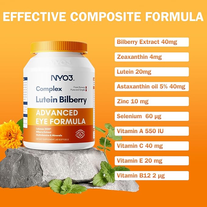NYO3 Eye Vitamins with Lutein and Zeaxanthin,Patented Eye Formula,Recommended by NIH,Advanced Bilberry & Astaxanthin,Vitamins A, C, E, B12 & Minerals, Eye Health & Vision Protection, 60 Softgels