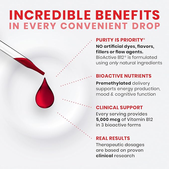 BioActive B12 Full Spectrum Vegan Methylated Vitamin B12 Sublingual Liquid Methylcobalamin, Hydroxocobalamin & Adenosylcobalamin 1,250 mcg per Drop (4 Drops = 5,000mcg / 4 Month Supply) 20 ml