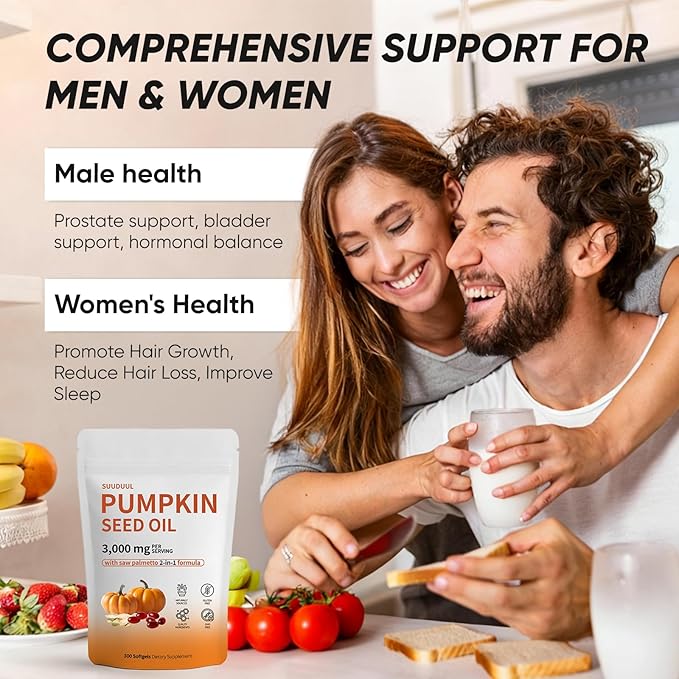 Pumpkin Seed Oil Capsules | 300 Softgels Pumpkin Seed Oil 2 in 1 with Saw Palmetto | Hair Growth＆Shedding Reduction | Plant-Based Formula | 3000mg Cold Pressed