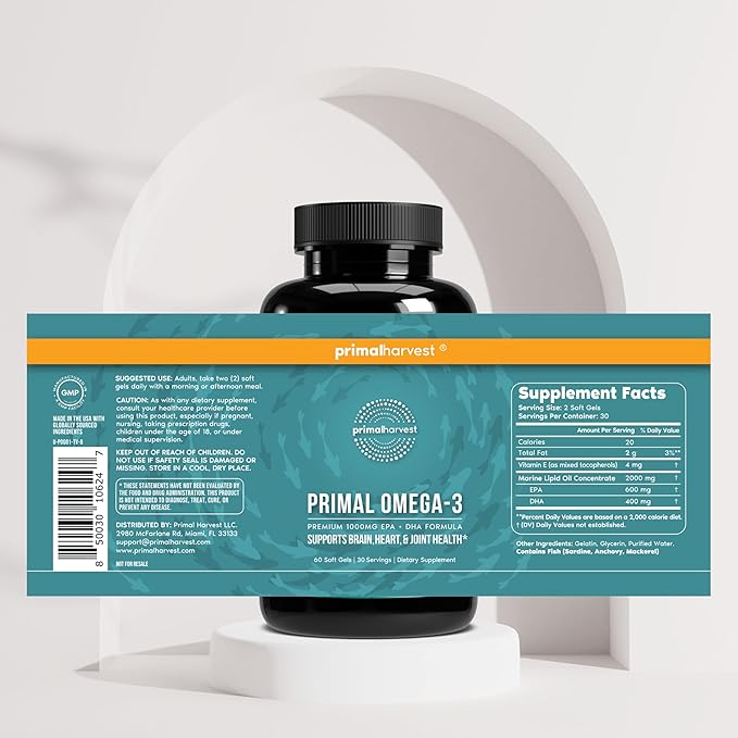 Primal Harvest Omega 3 Fish Oil Supplements, 30 Servings Soft Gels Capsules w/ 1000mg EPA + DHA Supplements, No Fishy Burps Non-GMO Omega 3 Fatty Acid