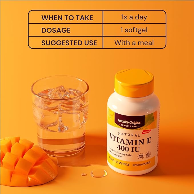 Healthy Origins Vitamin E 400 IU (Natural, Non-GMO, Gluten Free, Skin Support, Cardiovascular Support), 90 Softgels