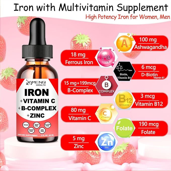2 Pack Liquid Iron Supplement w/Vitamin C, A, B-Complex, Vegan Iron Drops High Potency Liquid Vitamin & Iron Supplements for Women, Men & Children -Support Red Blood Cell, Energy, Anemia & Fatigue
