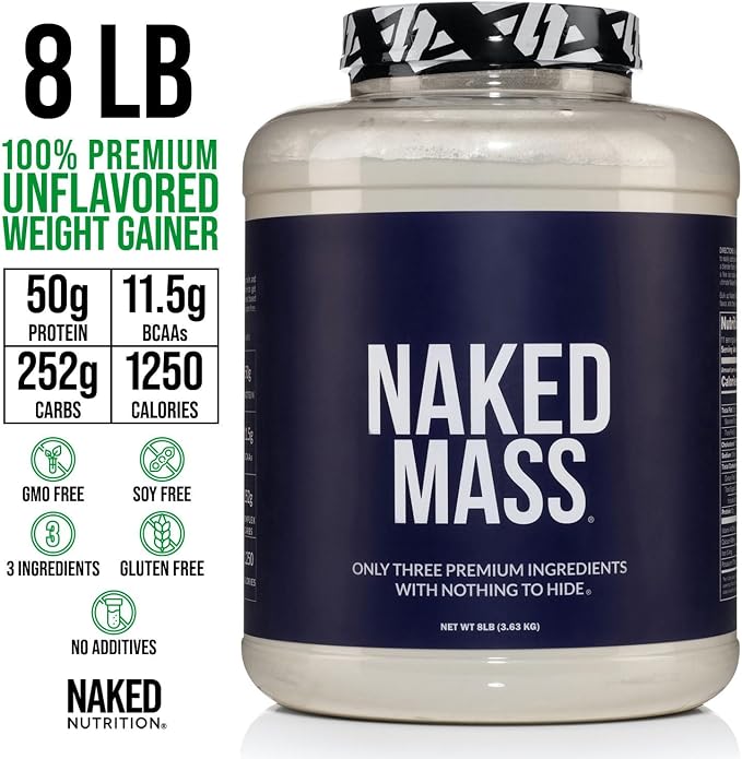 NAKED Mass - Natural Weight Gainer Protein Powder - 8 LB Bulk, NSF Certified, GMO Free, Gluten Free & Soy Free. No Artificial Ingredients - 1,250 Calories per Serving