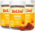BeLive Organic Omega 3 Gummies - 180 Ct I Vegan Omegas 3 6 7 & 9 from Flaxseed Oil & Sea Buckthorn Fruit Oil, for Kids & Adults, Full Body, Brain & Eye Support, Sugar Free – Peach Flavor