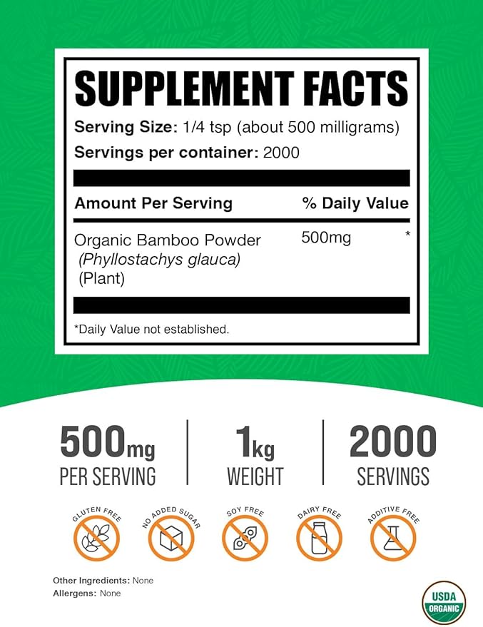 BulkSupplements.com Organic Bamboo Powder - Bamboo Powder Organic - Silica Supplement, Gluten Free - 500mg per Serving, 1kg (2.2 lbs) (Pack of 1)