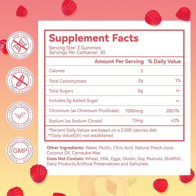 Chromium Picolinate Gummies 1000 mcg, Vegan, Gluten-Free, Peach Flavor, 60 Vegan Gummies