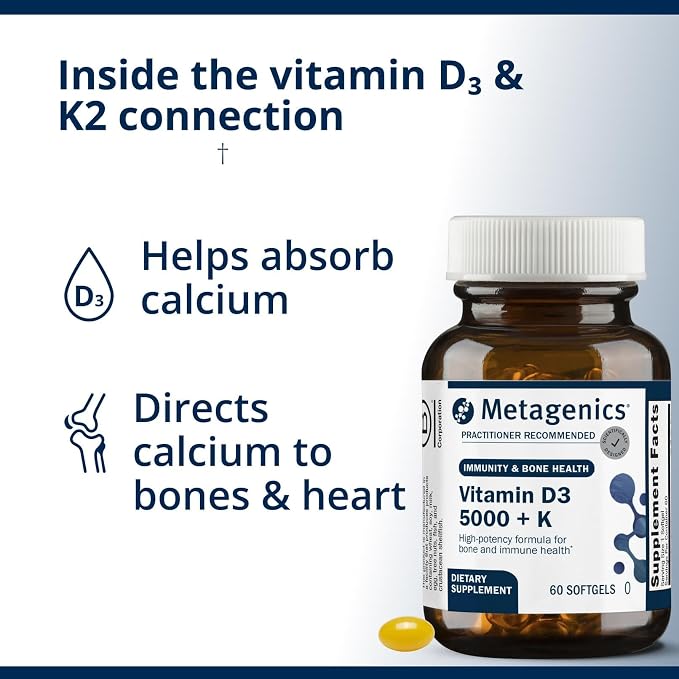 Metagenics Vitamin D3 + K - for Artery Health, Immune Support, Bone & Heart Health* - Vitamin D with MK-7 (Vitamin K2) - Non-GMO - Gluten-Free - 60 Softgels - 5,000 IU