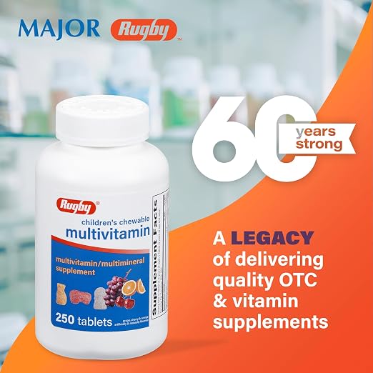 Rugby Children’s Chewable Multivitamin Tablets - Dietary Supplement - Assorted Fruit Flavors - Animal Shapes - 250 Count (1 Pack)