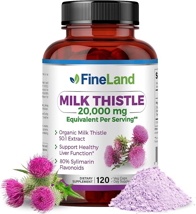FineLand Milk Thistle Pills 50:1 Extract with 80% Silymarin Flavonoids – Liver & Antioxidant Support - 50X Concentrated Seed Extract -120 Vegan Capsules, Non-GMO, Made in USA
