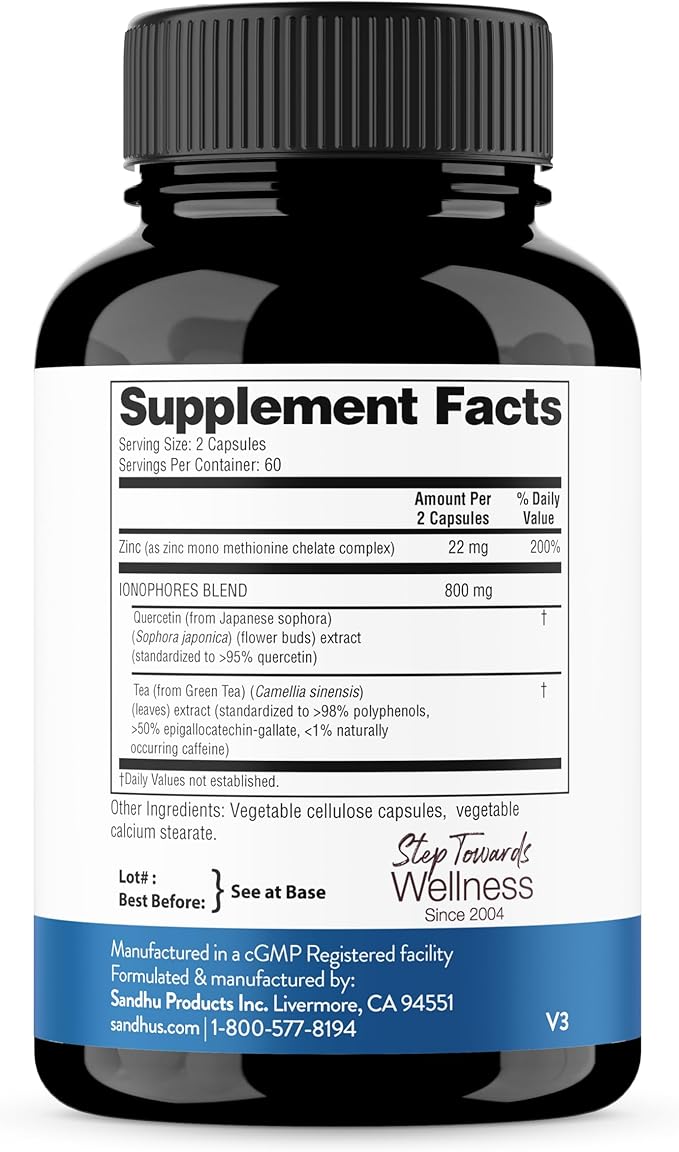 Sandhu's Zinc Supplement with Ionophores| Quercetin & Green Tea Extract for Superior Absorption and High Potency| 800mg Vegetarian Capsules 120 Count (Pack of 1)| Immune Support for Men & Women