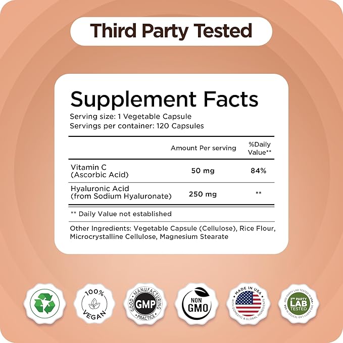 Pure Hyaluronic Acid Supplement 250mg with Vitamin C 50mg, 120 Vegan Capsules - Skin Hydration for Natural Glow, Hair, Nails, Bone & Joint Health Formula