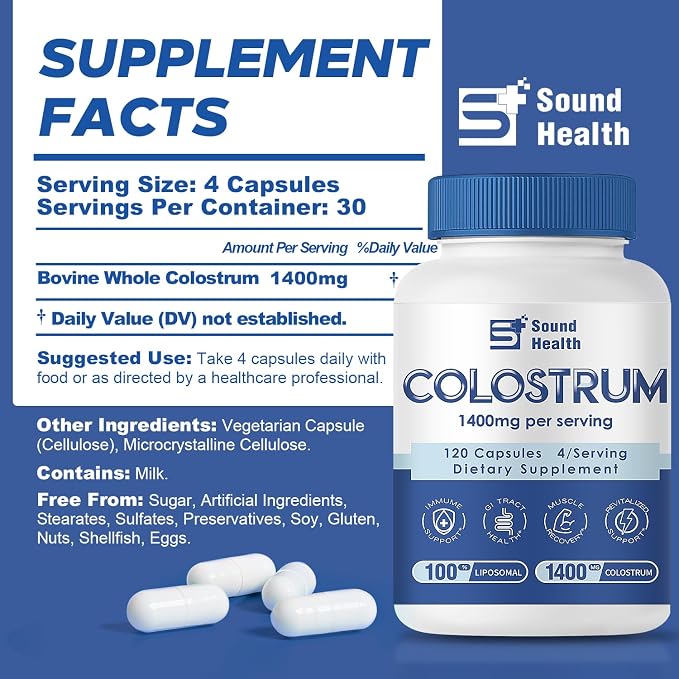 Colostrum Supplement 120 Capsules for Humans - Organic Bovine Colostrum Powder for Gut Health, Hair Growth, Beauty, and Immune Support - Unflavored (120 Capsules)