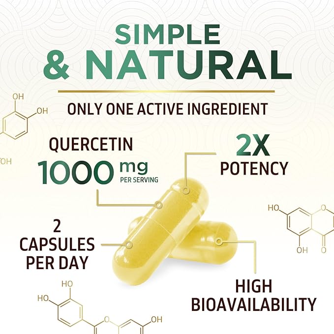Quercetin Dihydrate 1000mg per Serving - Premium Plant-Based Bioflavonoids - Extra Strength Antioxidant Immune & Respiratory Health Support - High Absorption Quercetin Dihydrate - 60 Veggie Capsules