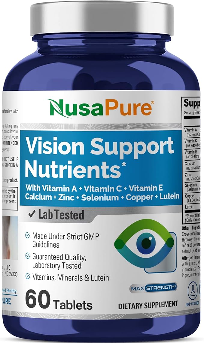 NusaPure Vision Support Nutrients with Vitamin A, C, E, Calcium, Zinc, Selenium, Copper, Lutein 60 Tablets Non-GMO Dietary Supplement