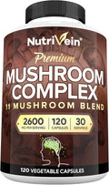 Nutrivein Premium Mushroom Supplement 2600 mg- Bottle 120 Capsules- 11 Nootropic Mushroom Complex - Lion's Mane, Cordyceps, Chaga, Reishi, Turkey Tail,Maitake,Shiitake, Agaricus, White Button, Oyster