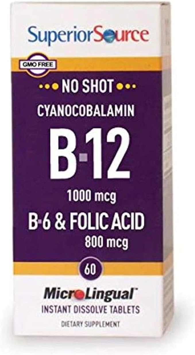 Superior Source No Shot Vitamin B-12 Cyanocobalamin 1000 mcg, B-6, Folic Acid 800 mcg - Support Brain & Heart Health - Aids Natural Energy Levels - 60 Sublingual Dissolving Tablets