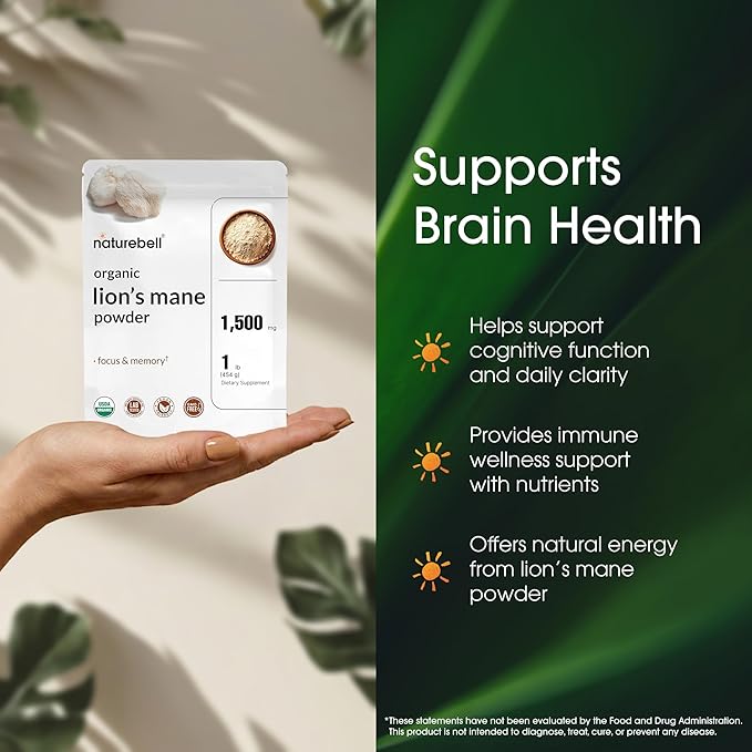 NatureBell Organic Lion’s Mane Powder 1,500mg - 1 lb - Brain, Focus & Memory Support* - Whole Fruiting Body & Mycelium - Non-GMO & Gluten-Free