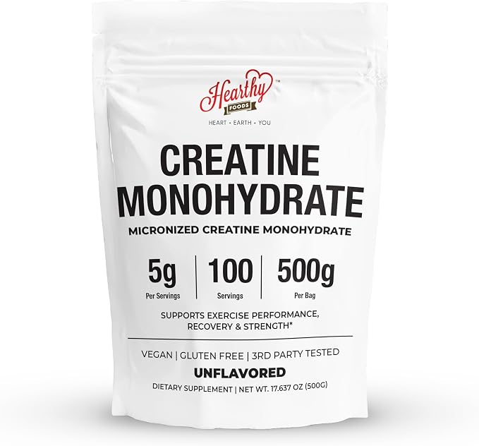 HEARTHY FOODS Creatine Monohydrate Micronized Powder 500G - 100 Servings, 5000mg Per Serving (5g) - for Men & Women Muscle Growth & Recovery - UNFLAVORED