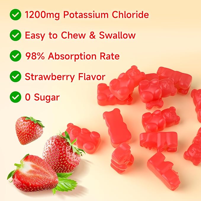softbear Potassium Gummies for Adults, Sugar Free Potassium Chloride Gummies 1200mg Support Leg Cramps & Electrolyte Balance High Potency Potassium Supplement, Strawberry Flavor 60 Count