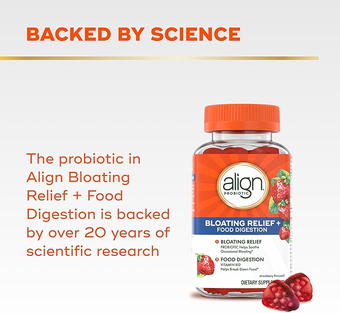 Align Probiotic, Bloating Relief + Food Digestion, Probiotics for Women and Men, Probiotic Helps Soothe Occasional Bloating*, With Vitamin B12 to Help Break Down Food into Cellular Energy*,60 Gummies