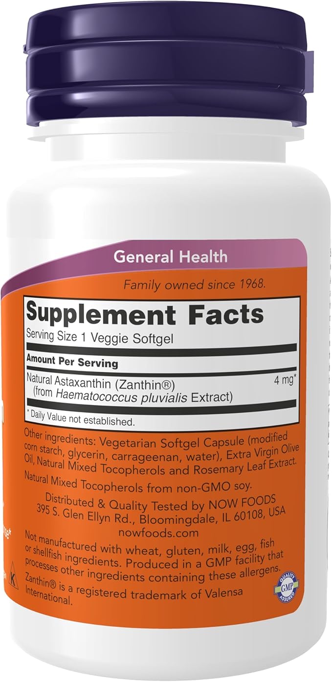 NOW Foods Supplements, Astaxanthin 4 mg, features Zanthin®, Supports Eye Health*, 60 Veg Softgels