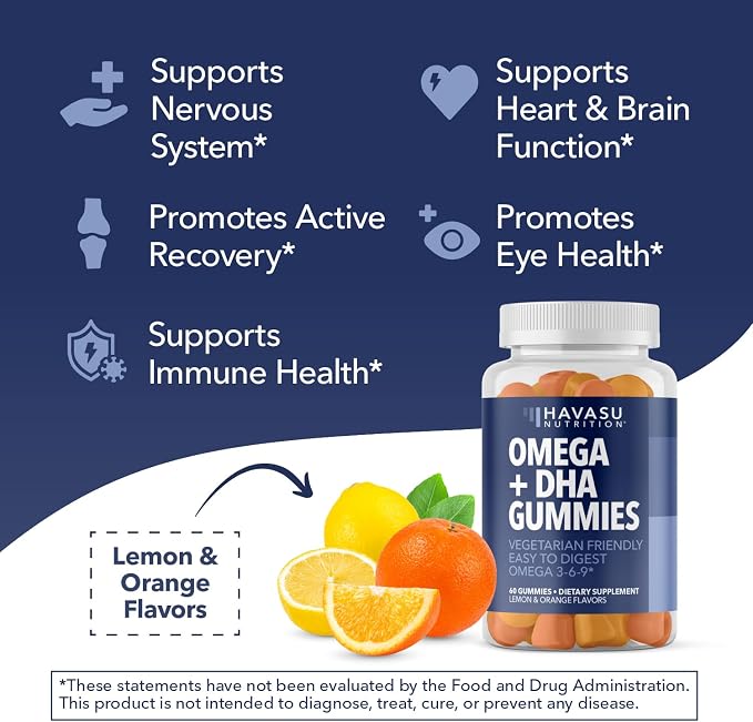 Omega 3 6 9 + DHA Gummies for Adults - Plant-Based Fish Oil Alternative with Chia Seed Oil and Algae - Support Brain and Immune Function - Lemon and Orange Flavors - Vegetarian Friendly - 60 Count