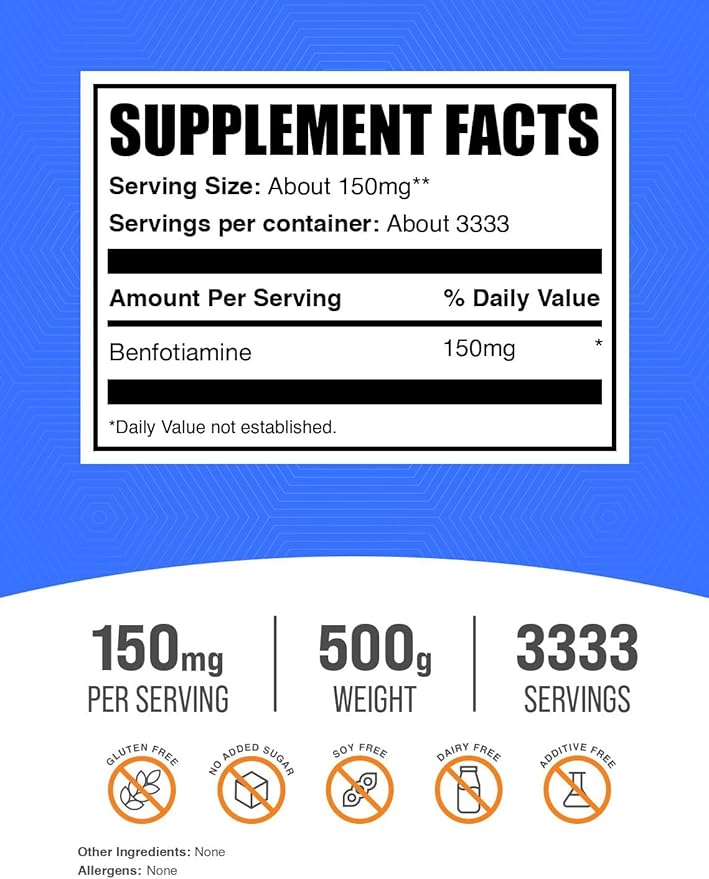 BulkSupplements.com Benfotiamine Powder - Vitamin B1 Benfotiamine Supplement, Fat Soluble B1 Vitamin - Gluten Free, 150mg per Serving, 500g (1.1 lbs) (Pack of 1)