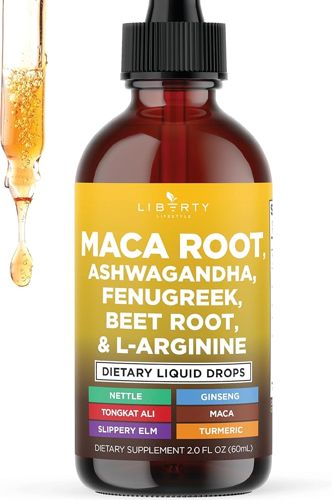 Organic Maca Root Liquid Drops with Ashwagandha, Nettle, Fenugreek, Beet Root and L-Arginine Liquid Multivitamin for Women and Men - 2oz