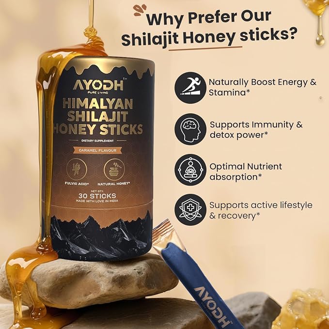 Pure Himalayan Shilajit Honey Sticks with Natural Honey & Caramel 30 Sticks | 75%+ Fulvic Acid, 85+ Trace Minerals | Support Energy & Immunity | Easy Single-Use Packets for Men & Women
