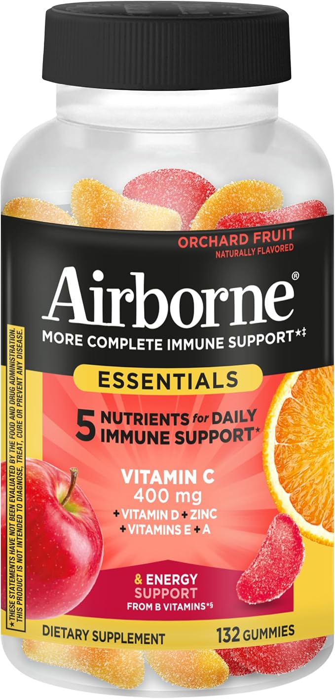 Airborne 400mg Vitamin C Gummies for Adults & Children, Immune Essentials Daily Immune Support Supplement with Vitamins C & E - Orchard Fruit Flavor, 132 Gummies (Pack of 2)