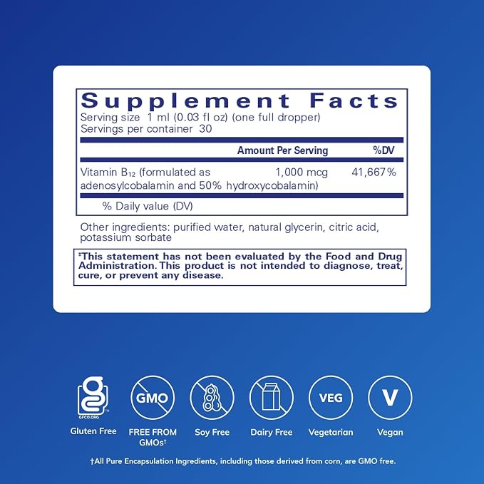 Pure Encapsulations Adenosyl/Hydroxy B12 Liquid 30 mL - Supports Energy Metabolism & Neurological Health* - for Brain Support* - Gluten Free - Vegan - 1 Fl Oz