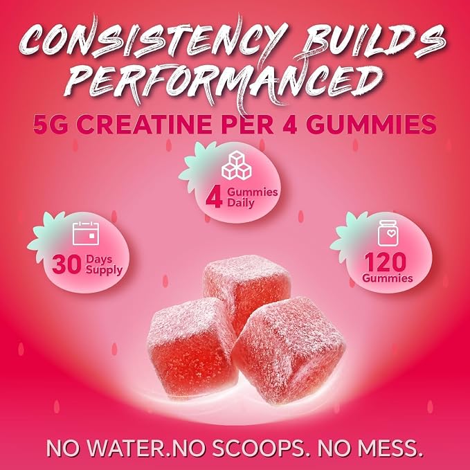 Creatine Monohydrate Gummies 5000mg for Women & Men - Creatine Gummies with B12, Supports Muscle Strength, Energy & Workout Recovery - Strawberry Flavor, Sugar Free, Vegan, 120 Count