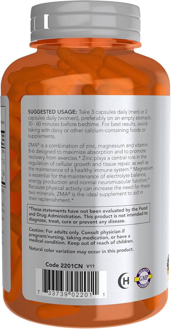 NOW Foods Sports Nutrition, ZMA (Zinc, Magnesium and Vitamin B-6), Enhanced Absorption, Sports Recovery*, 180 Capsules, (Pack of 2)