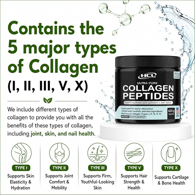 Collagen Peptides Powder with Vitamin C & Hyaluronic Acid - from Organic Cleanest Sources & Super High Absorption - Hydrolyzed Multi Type I, II, III, V, X - Skin Hair Supplement Made in USA