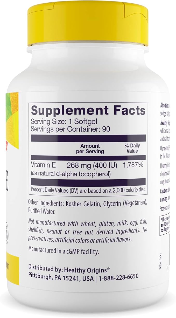 Healthy Origins Vitamin E 400 IU (Natural, Non-GMO, Gluten Free, Skin Support, Cardiovascular Support), 90 Softgels