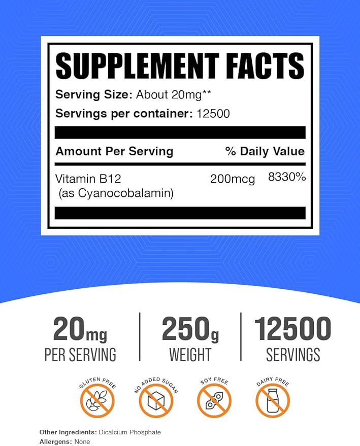 BulkSupplements.com Vitamin B12 Powder - as Cyanocobalamin, Vitamin B Supplement, Essential Vitamins- Gluten Free, 20mg per Serving, 250g (8.8 oz) (Pack of 1)