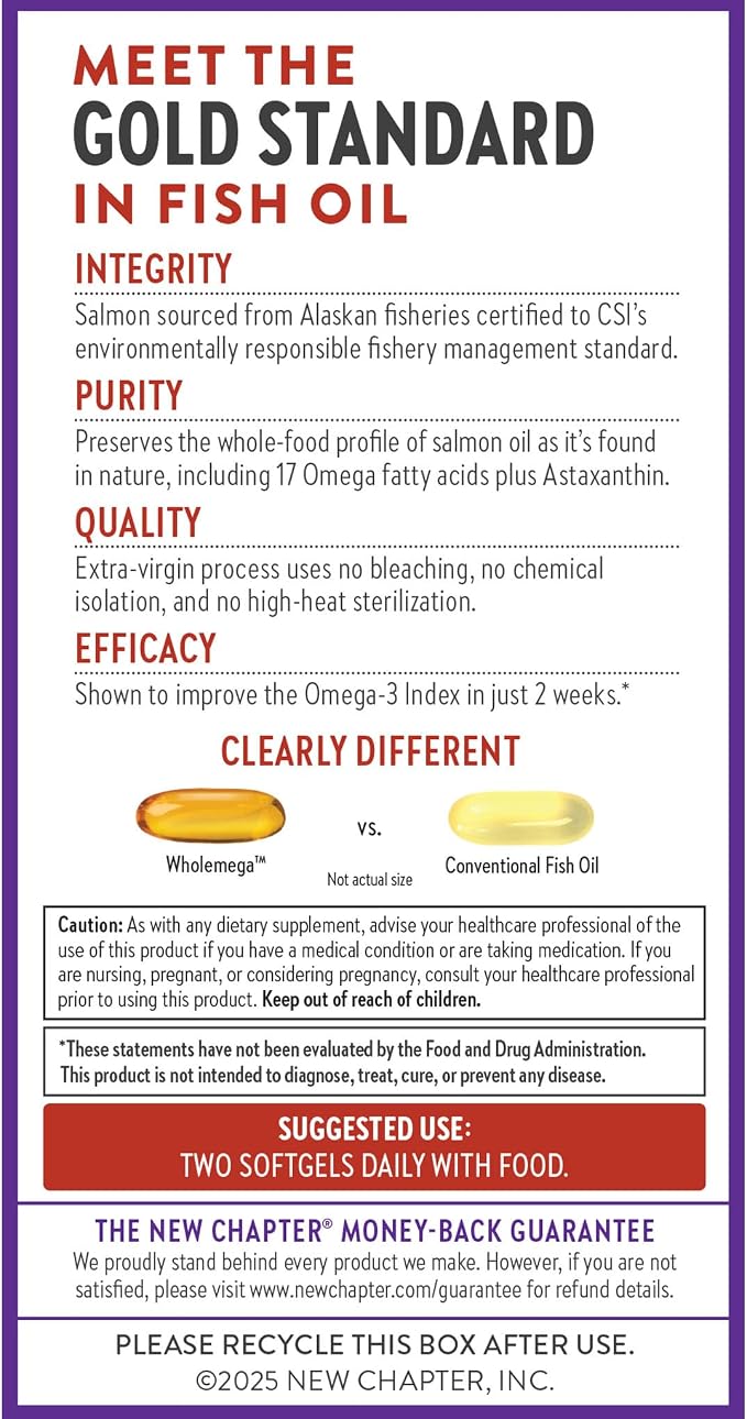 New Chapter Wholemega Fish Oil Supplement - 2000mg per Serving, Clinically Proven Wild Alaskan Salmon Oil with Omega-3 + Vitamin D3 + Astaxanthin, 120 Softgels