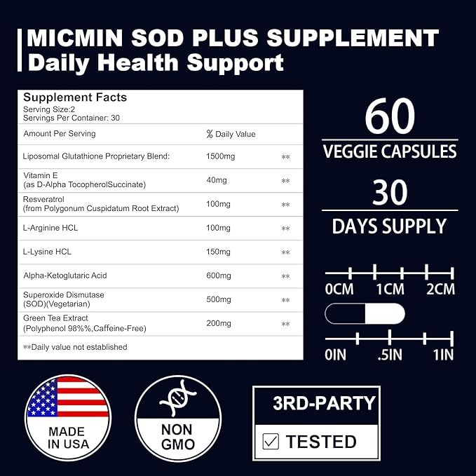 500MG Superoxide Dismutase Supplement - SOD Plus with Liposomal Glutathione, AKG, Green Tea Extract, L-Arginine, Lysine, Resveratrol and Vitamin E for Immune Support, Antioxidant 120 Capsules