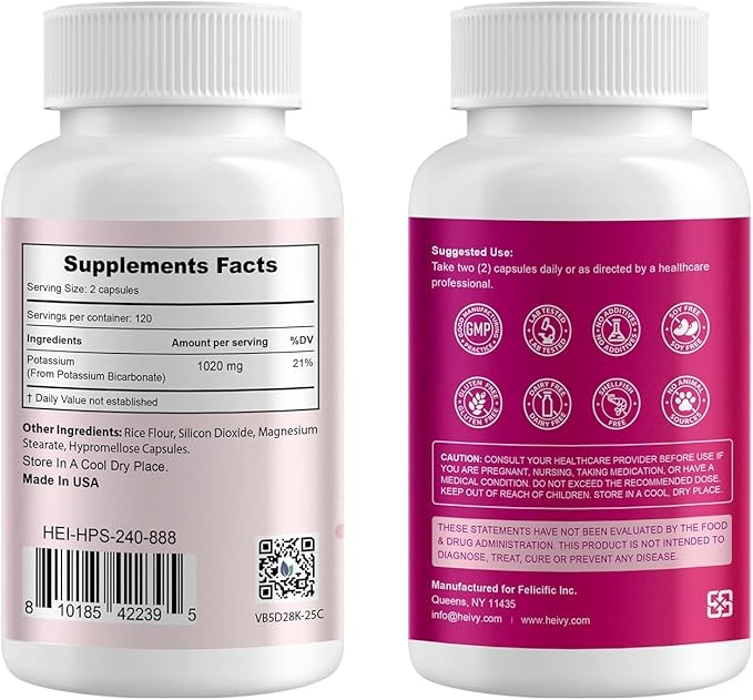 Heivy Potassium Supplement 1020 mg, Potassium Bicarbonate to Supports Muscle Function, Electrolyte Balance & Heart Health, Essential Minerals, Made in USA, Non-GMO, 240 Veg Capsules