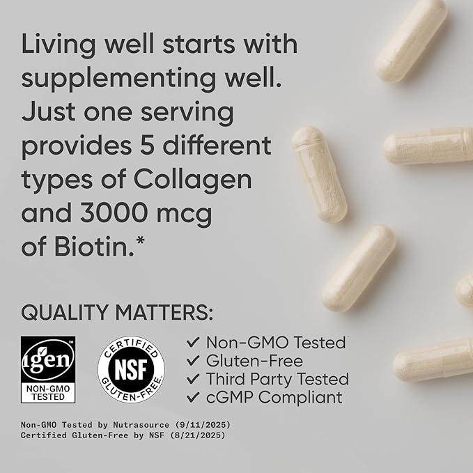 Sports Research® Biotin-Infused Collagen Peptides Complex with Hyaluronic Acid – 5 Multi Collagen Types for Hair, Skin & Joint Support* - Gluten Free · Non-GMO · 90 Capsules