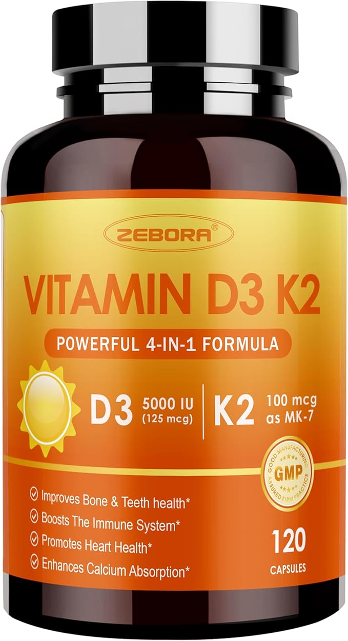 ZEBORA Vitamin D3+K2-5000 IU Vitamin D3 + 100 mcg K2 MK-7 - Maximum Absorption for Bone, Teeth, Heart & Immune Support - Easy to Swallow, Gluten-Free, 120 Capsules