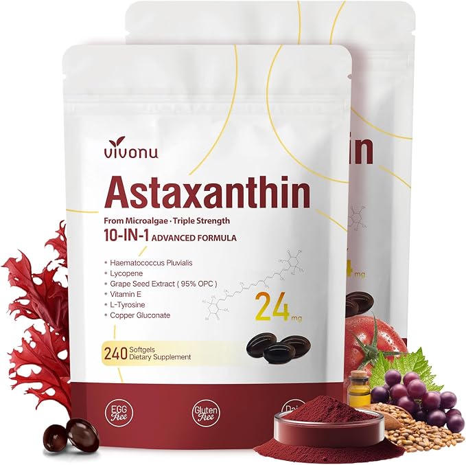 VivoNu Astaxanthin 24mg – Powerful Antioxidant Support for Skin, Eyes & Immune System – 10-in-1 Formula with Lycopene, Grape Seed, Vitamin E & Zinc – Triple Strength, 480 Softgels, 2 Bag